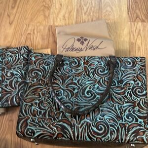 Patrica Nash leather tote with Blue Green Swirls
